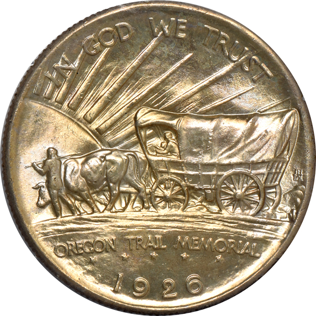 1880 Morgan silver dollar MS-63 (doily), 1926 Oregon half-dollar commemorative MS-65 (rattler), and a 1947-D Walking Liberty half-dollar MS-65 (green label) all PCGS GOLD CAC
