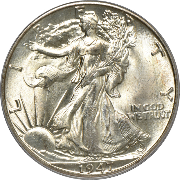 1880 Morgan silver dollar MS-63 (doily), 1926 Oregon half-dollar commemorative MS-65 (rattler), and a 1947-D Walking Liberty half-dollar MS-65 (green label) all PCGS GOLD CAC