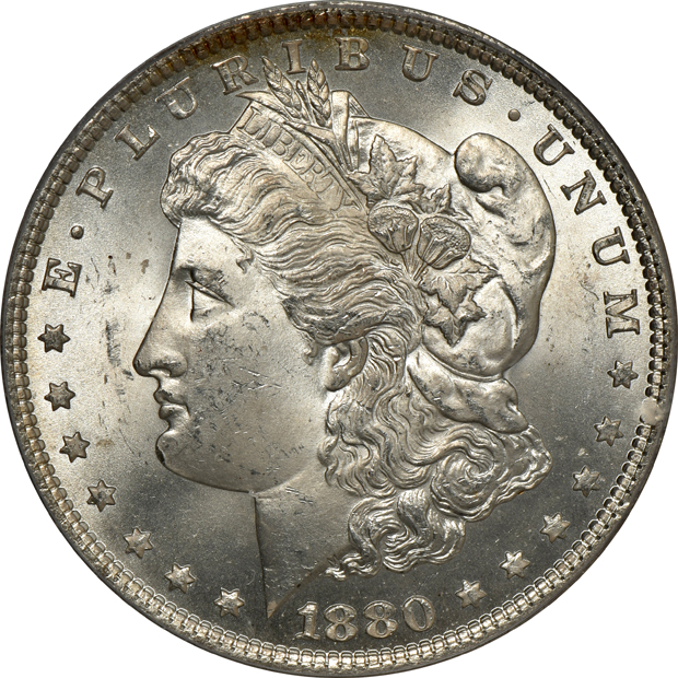 1880 Morgan silver dollar MS-63 (doily), 1926 Oregon half-dollar commemorative MS-65 (rattler), and a 1947-D Walking Liberty half-dollar MS-65 (green label) all PCGS GOLD CAC