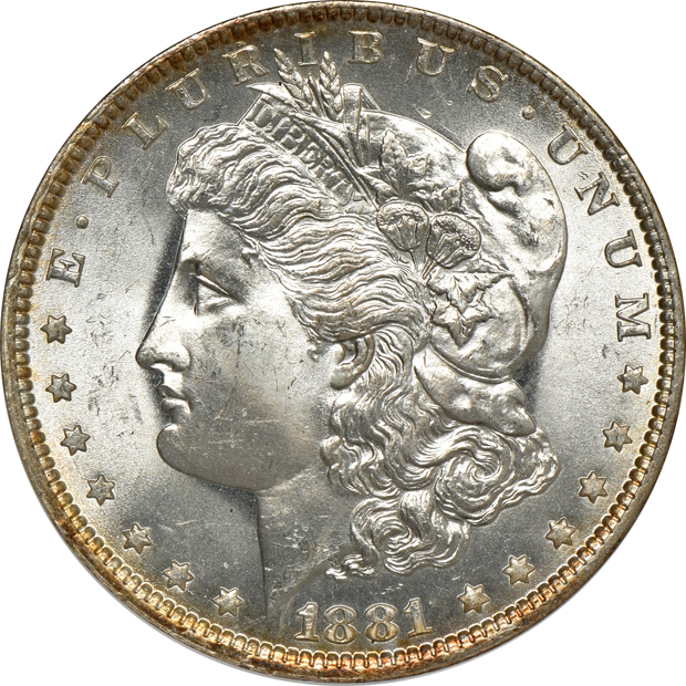1881-O NGC MS-64, 1882-S PCGS MS-65, and an 1883-O PCGS MS-65 (rattler), all CAC