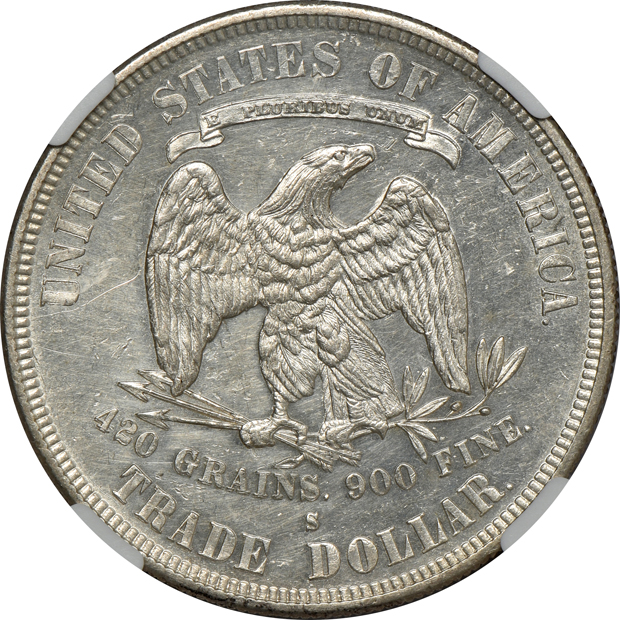 1874-S Trade UNC details/cleaned, 1876-S Trade AU details/cleaned, and an 1878-S Trade UNC details/cleaned, all NGC