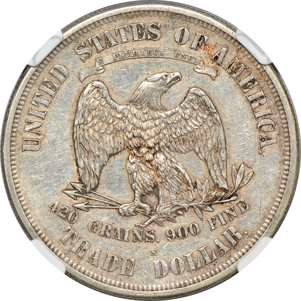 1874-S Trade UNC details/cleaned, 1876-S Trade AU details/cleaned, and an 1878-S Trade UNC details/cleaned, all NGC