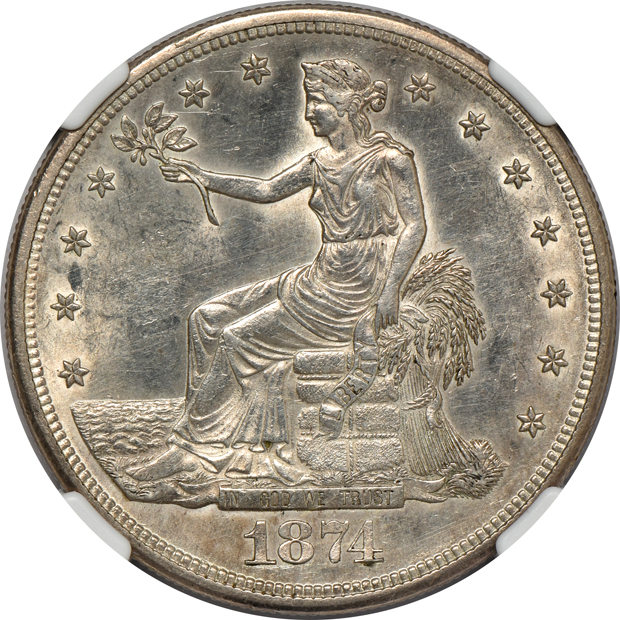 1874-S Trade UNC details/cleaned, 1876-S Trade AU details/cleaned, and an 1878-S Trade UNC details/cleaned, all NGC