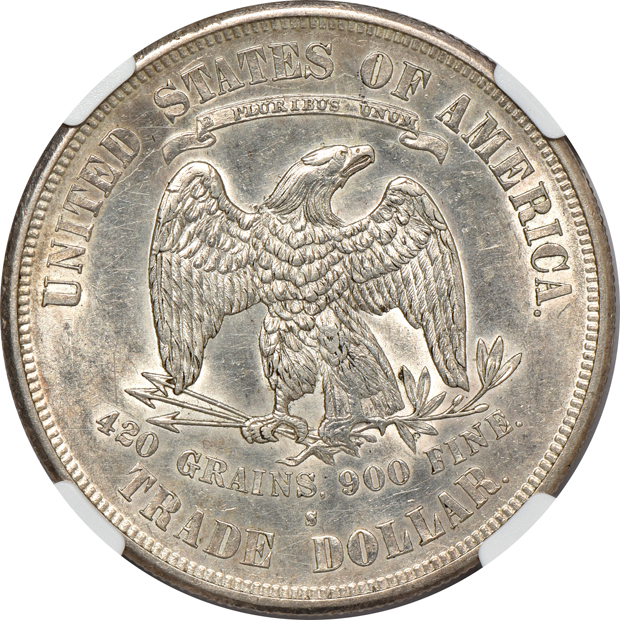 1874-S Trade UNC details/cleaned, 1876-S Trade AU details/cleaned, and an 1878-S Trade UNC details/cleaned, all NGC
