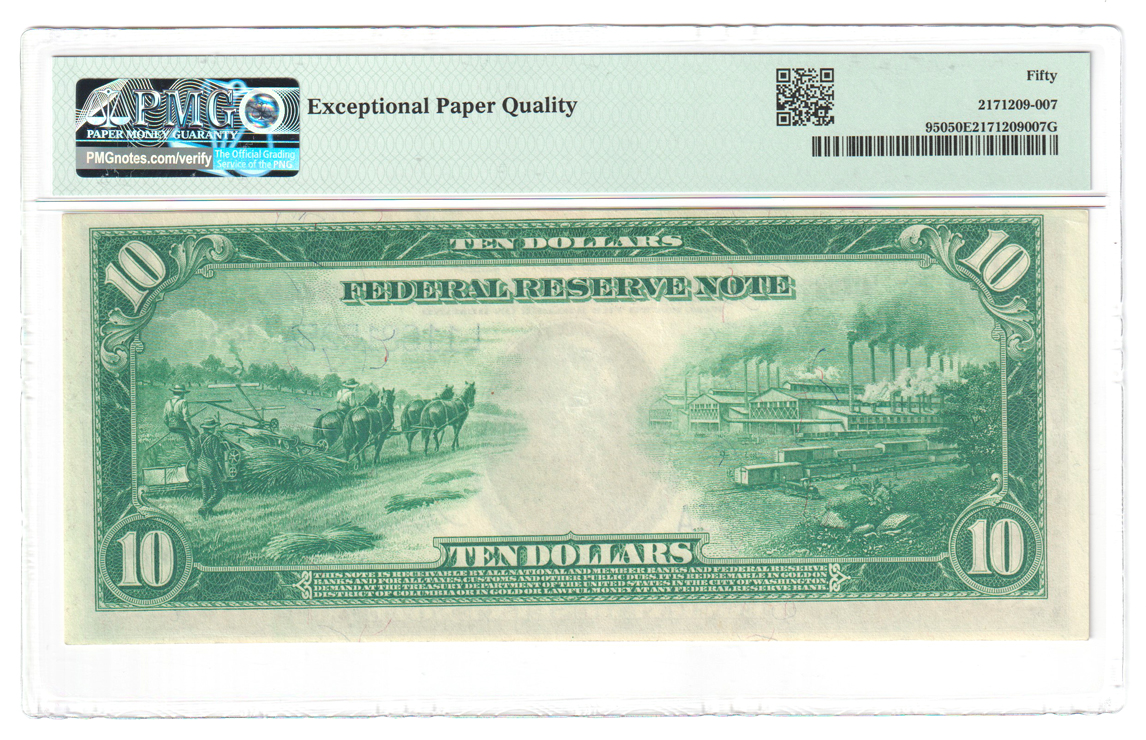 1914 $10 San Francisco Blue Seal Fr# 950 - PMG AU-50 EPQ