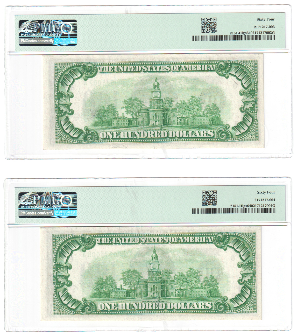 Sequential Pair of 1928-A $100 St. Louis Fr# 2151-Hlgs - PMG GemCU-64