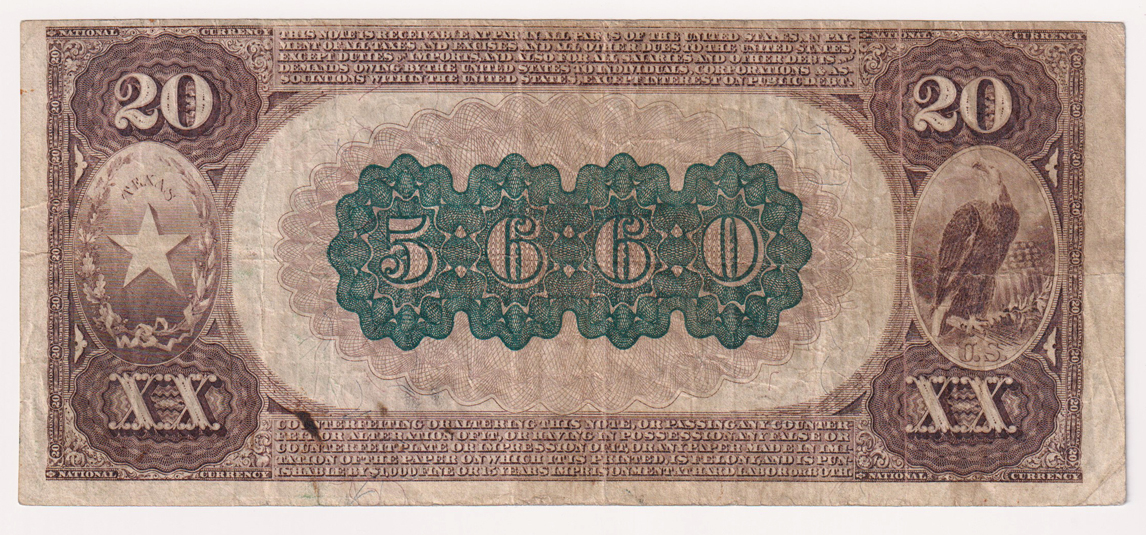 1882 $20 Brown Back - De Leon, TX Charter #5660 - VF/small internal hole