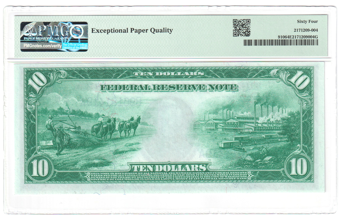 1914 $10 New York Blue Seal Fr# 910 - PMG ChCU-64 EPQ