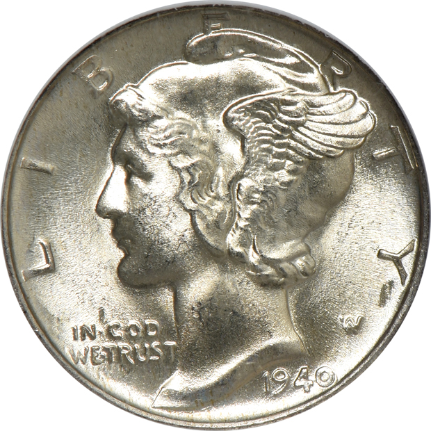 1940 Mercury dime MS-67 FB CAC, 1945-D Mercury dime MS-67 FB CAC, and a 1946-S Washington quarter MS-67, all NGC