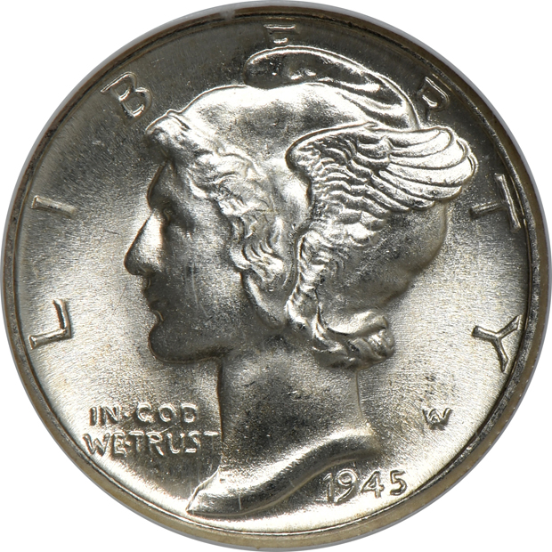 1940 Mercury dime MS-67 FB CAC, 1945-D Mercury dime MS-67 FB CAC, and a 1946-S Washington quarter MS-67, all NGC