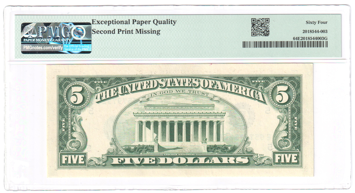 Error Currency - $5 Richmond Federal Reserve Note Missing Second Print PMG ChCU-64 EPQ