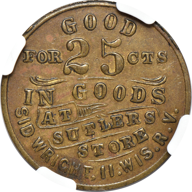 1861-1865 Sutler token, Sid. Wright, WI S-11-25B, NGC AU-55