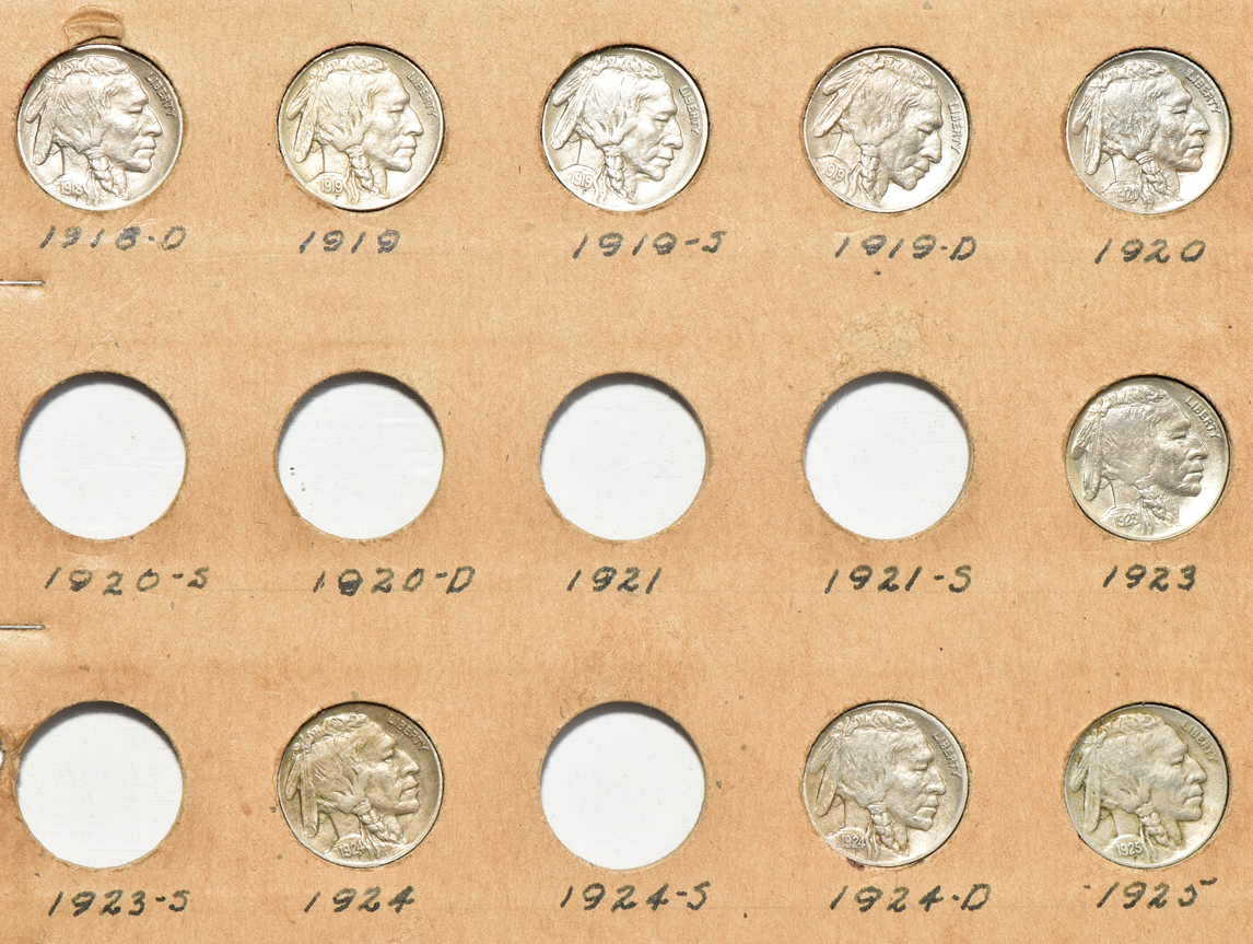 Group of 35 different buffalo nickels and 95 different Jefferson nickels in a Wayte Raymond album