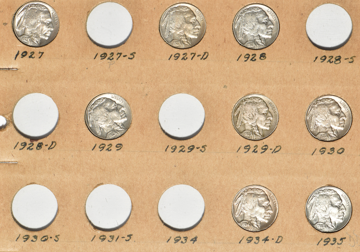 Group of 35 different buffalo nickels and 95 different Jefferson nickels in a Wayte Raymond album
