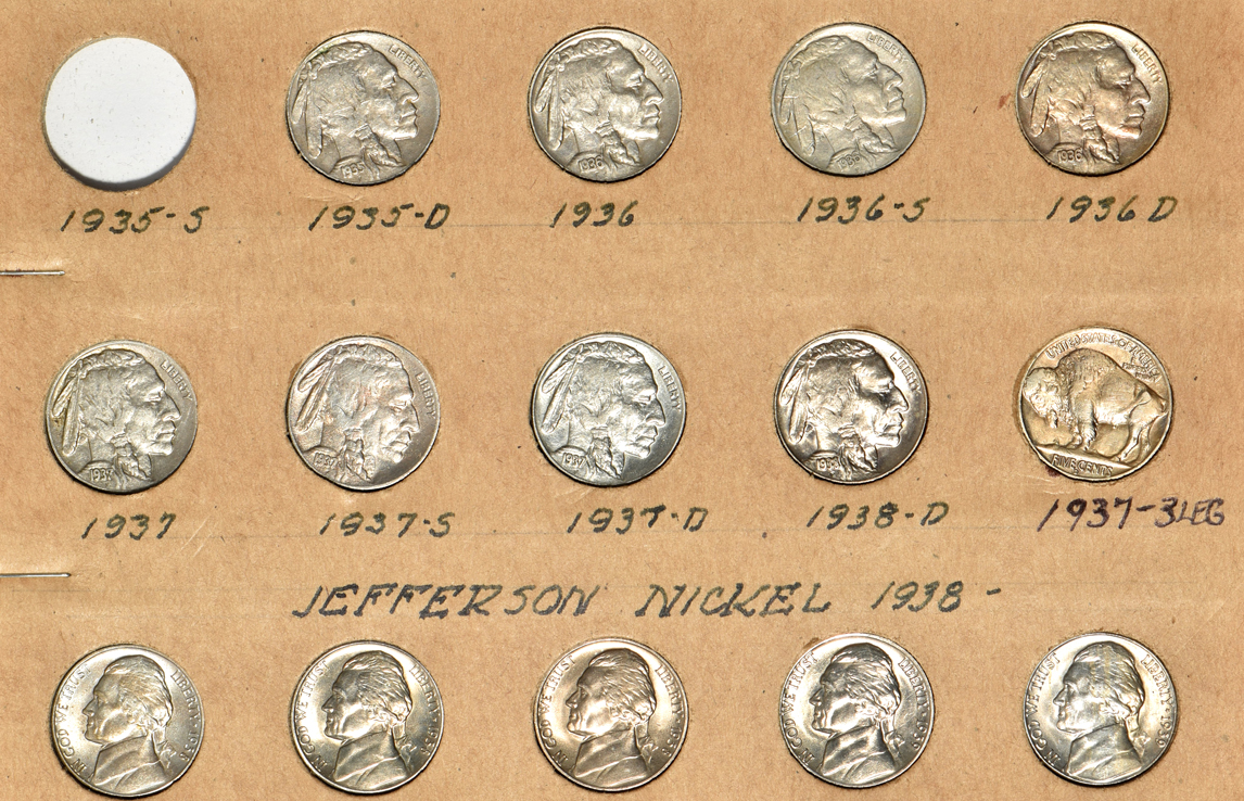 Group of 35 different buffalo nickels and 95 different Jefferson nickels in a Wayte Raymond album