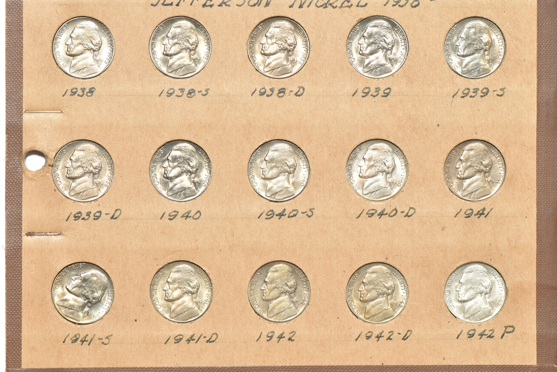 Group of 35 different buffalo nickels and 95 different Jefferson nickels in a Wayte Raymond album