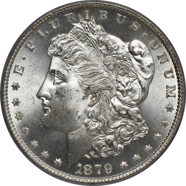 Five certified Uncirculated Morgan silver dollars, all CAC