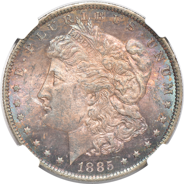 Five certified Uncirculated Morgan silver dollars, all CAC