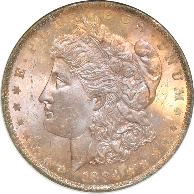 Five certified Uncirculated Morgan silver dollars, all CAC