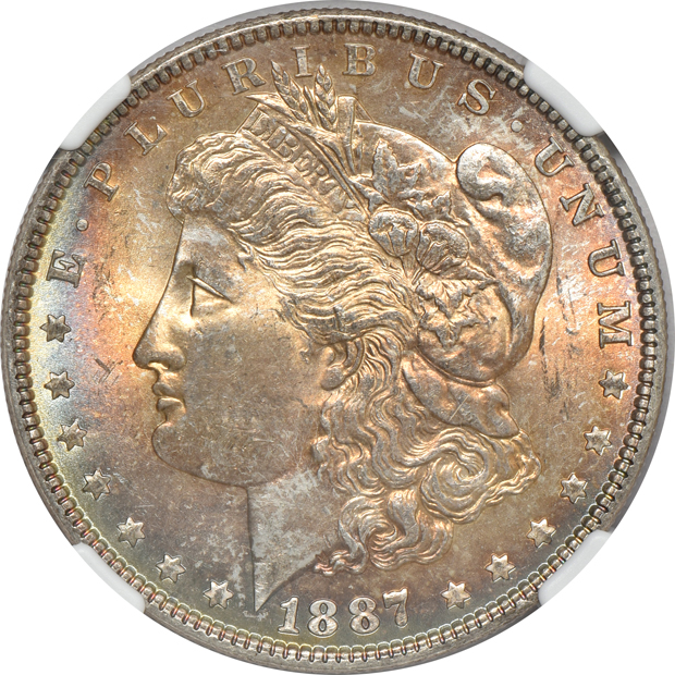 Five certified Uncirculated Morgan silver dollars, all CAC