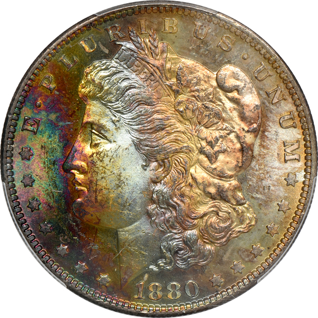 Five certified Uncirculated Morgan silver dollars