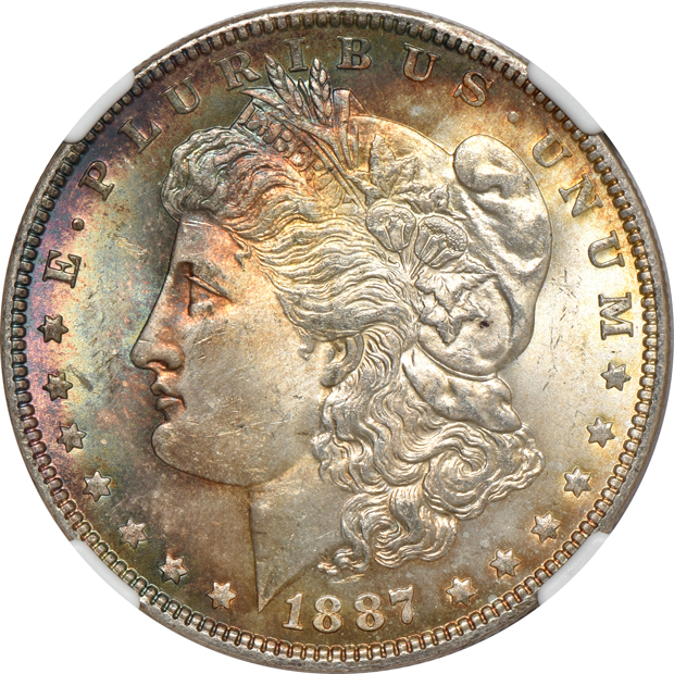 Five certified Uncirculated Morgan silver dollars