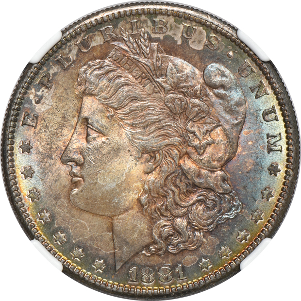 Five certified Uncirculated Morgan silver dollars