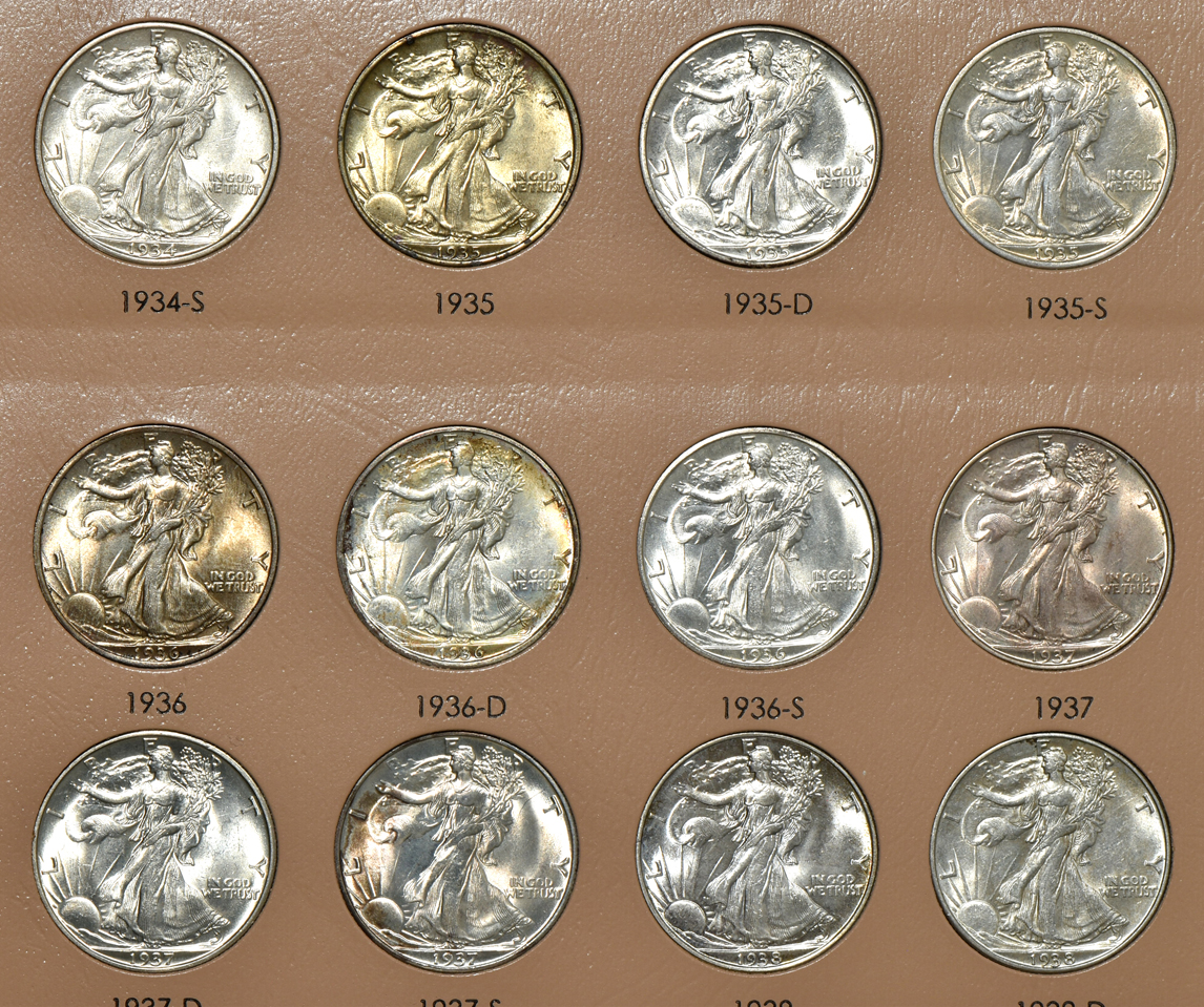 Complete collection of Walking Liberty half-dollars in a Dansco 7160 album
