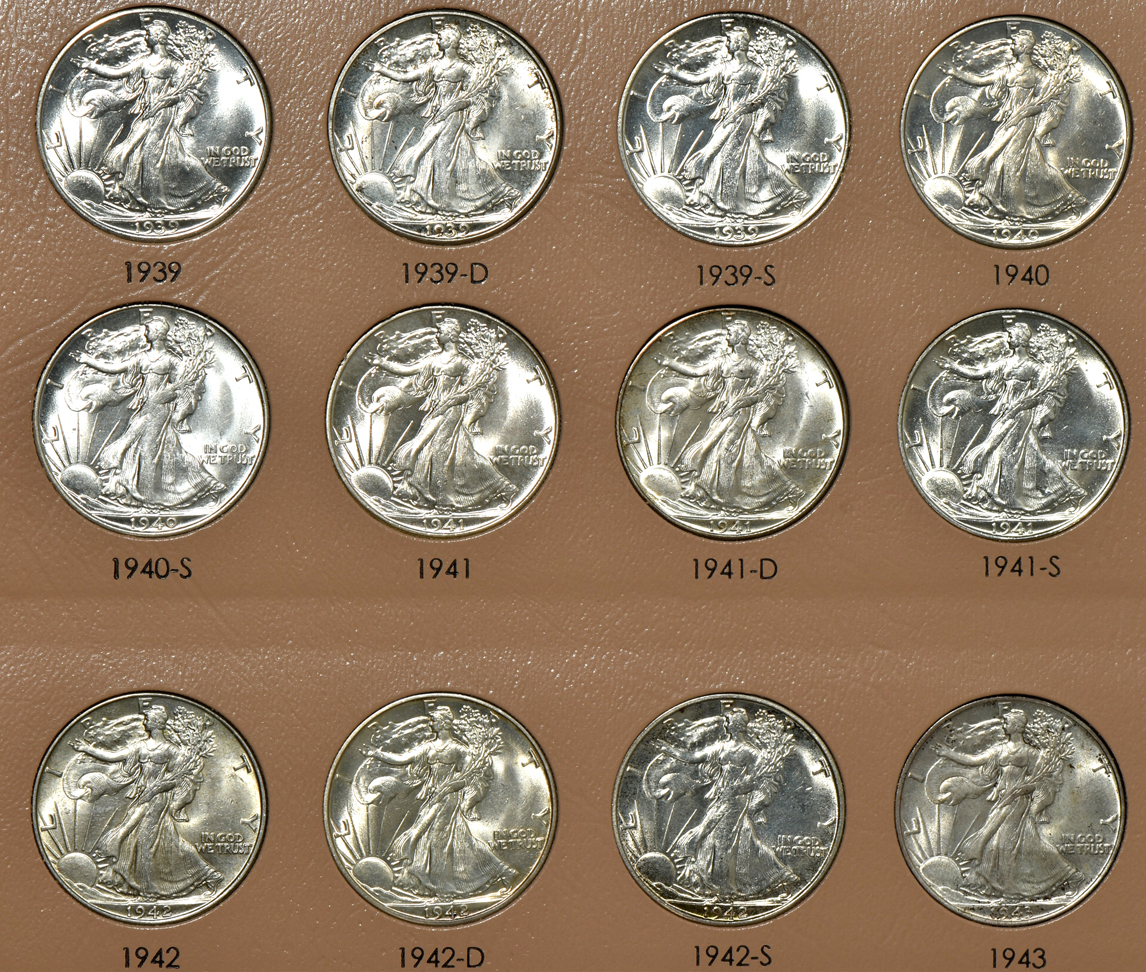 Complete collection of Walking Liberty half-dollars in a Dansco 7160 album