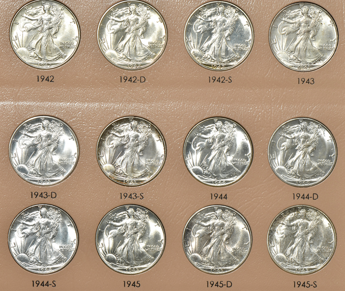 Complete collection of Walking Liberty half-dollars in a Dansco 7160 album