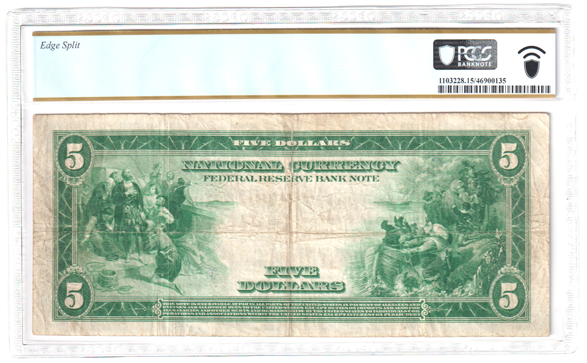 1915 $5 Kansas City Fr# 802 - PCGS F-15/edge split