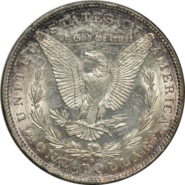 Four Morgan silver dollars, as described