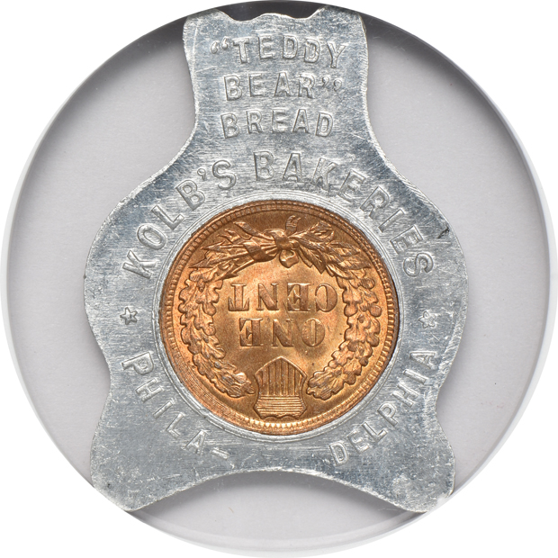 Pair of 1908 encased Indian cents, Kolb's Bakeries Philadelphia Bakeries NGC MS-64 and MS-65