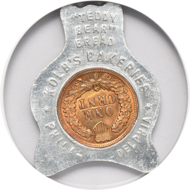 Pair of 1908 encased Indian cents, Kolb's Bakeries Philadelphia Bakeries NGC MS-64 and MS-65