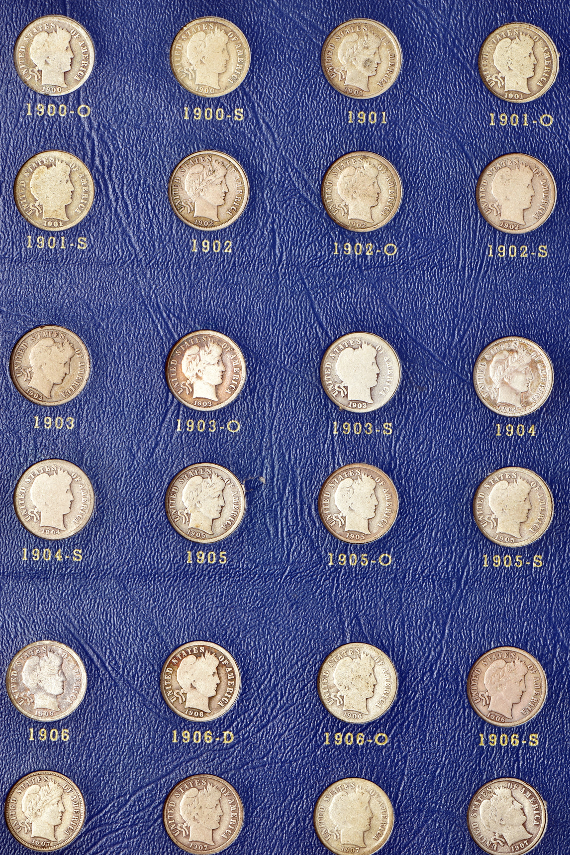 Complete collection of Barber dimes, 1892 through 1916-S, in a Whitman 9412 album