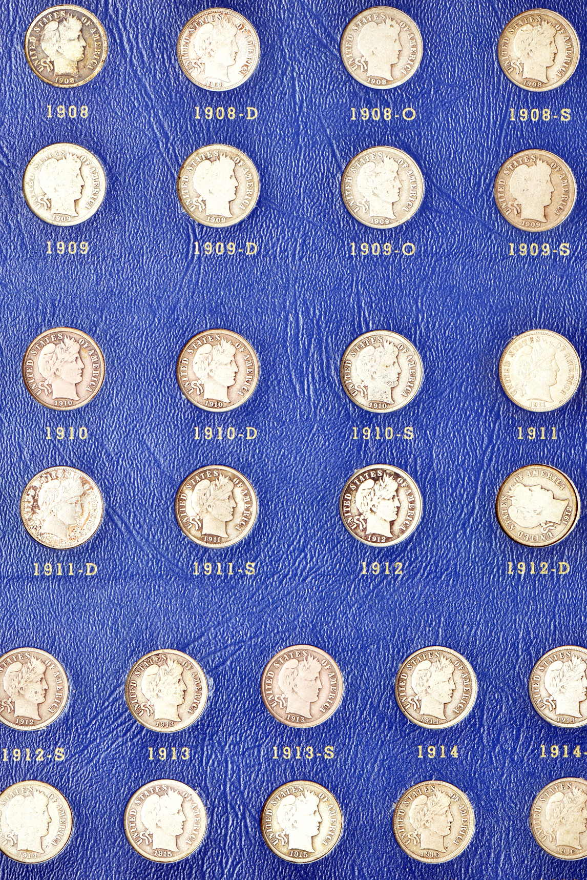 Complete collection of Barber dimes, 1892 through 1916-S, in a Whitman 9412 album