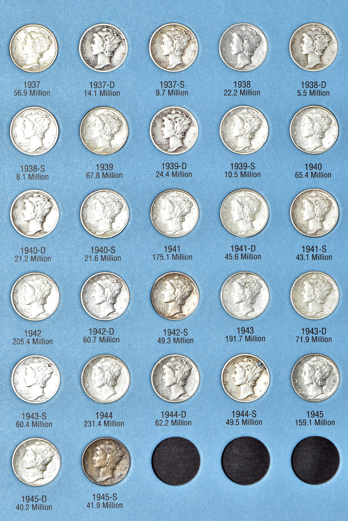 Complete collection of Mercury dimes in a Whitman folder (1916-D NGC About Good-3)