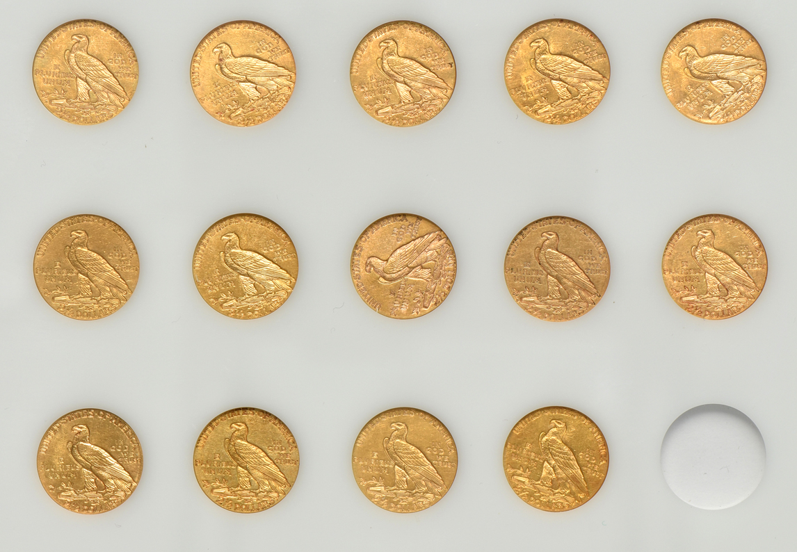 Collection of 14 different Indian Head quarter eagles in a Capital Plastics holder
