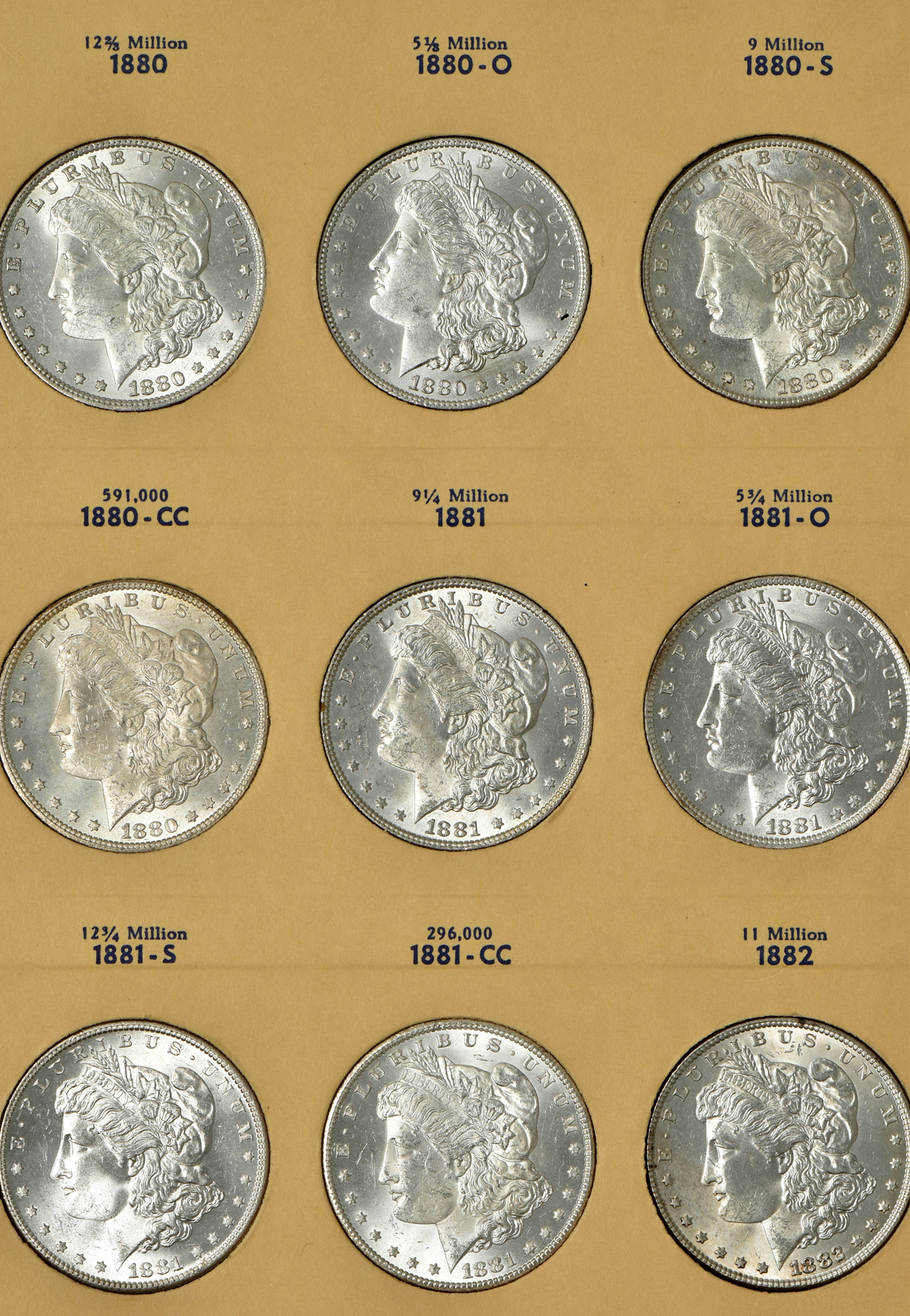 Collection of 36 different Morgan silver dollars, 1878 through 1886-S, in a Library of Coins Vol. 23 album