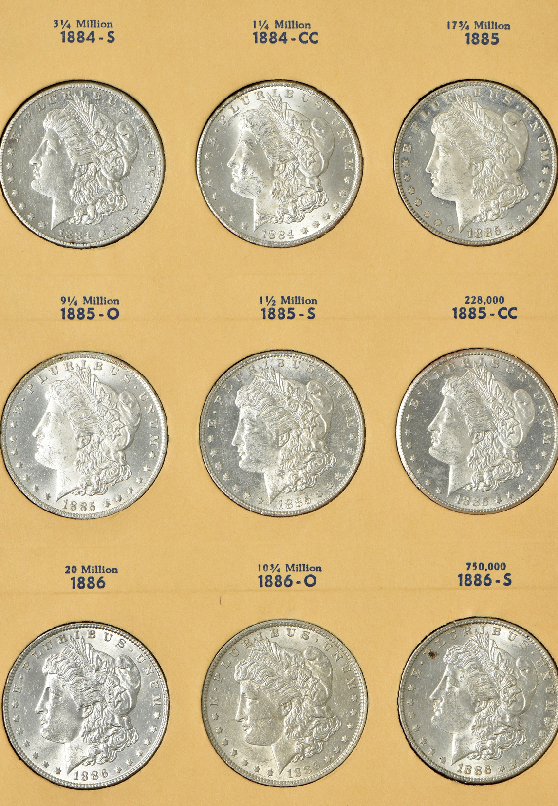 Collection of 36 different Morgan silver dollars, 1878 through 1886-S, in a Library of Coins Vol. 23 album