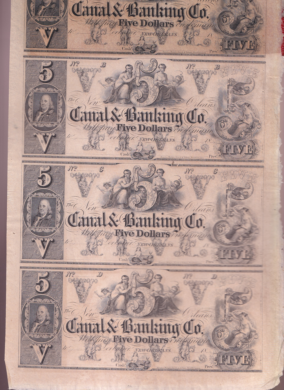 Five uncut sheets from Canal Bank New Orleans
