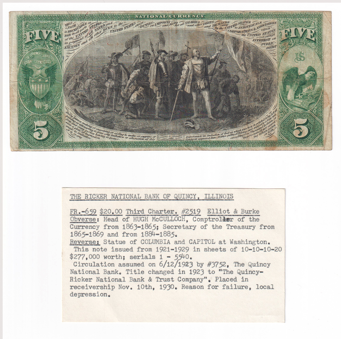 1875 $5 - Quincy, IL Charter #2519 - VF
