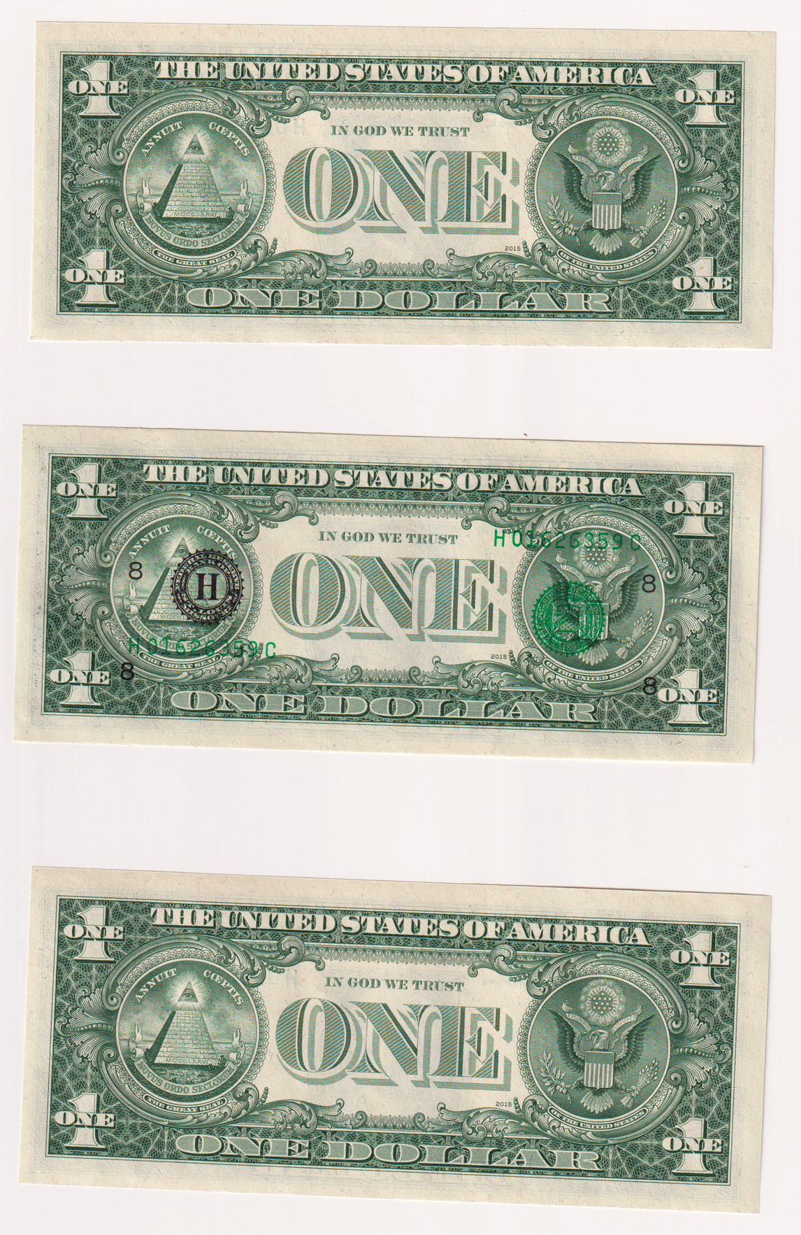 Error Currency - Run of three 1974 $1 St. Louis Federal Reserve Note with middle note Overprint on Back.  CU
