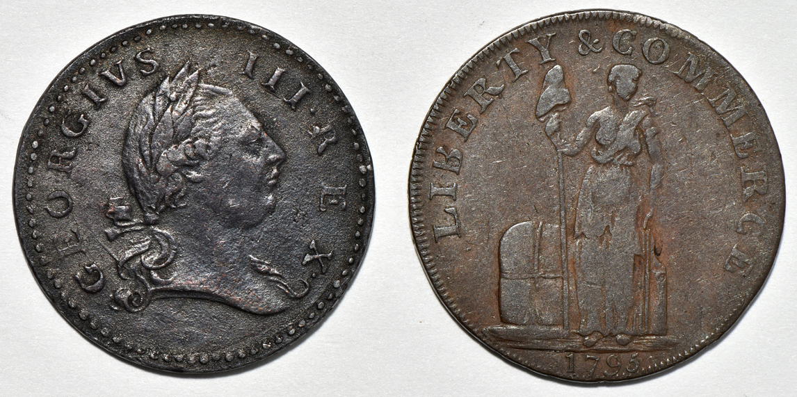 Five Colonial copper coins, as described