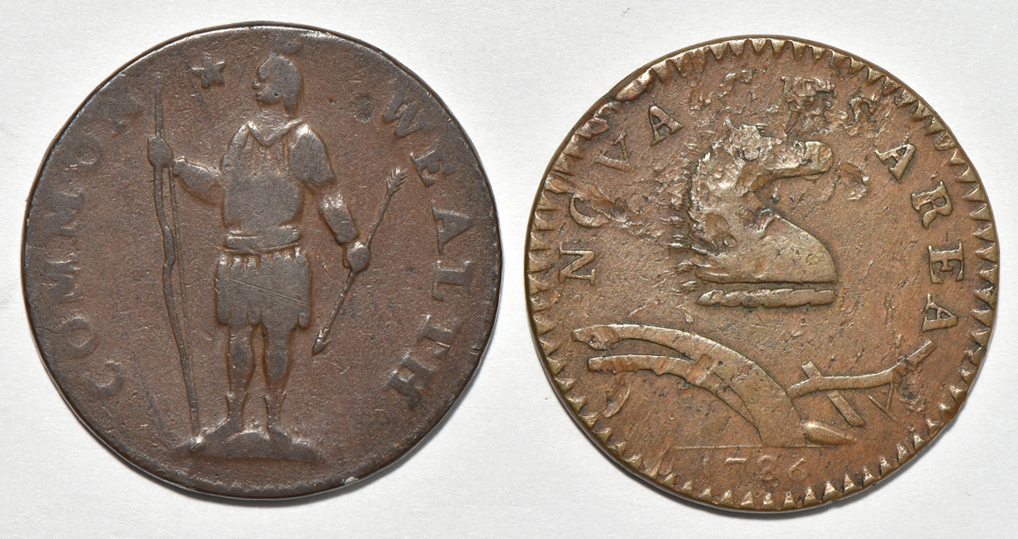 Five Colonial copper coins, as described