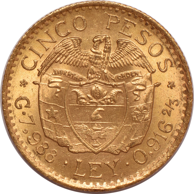 Colombia - 1925 "Spanish 5": 5-pesos, Uncirculated