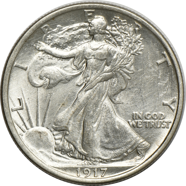 Four Morgan silver dollars, a Peace silver dollar, and a Walking Liberty half-dollar