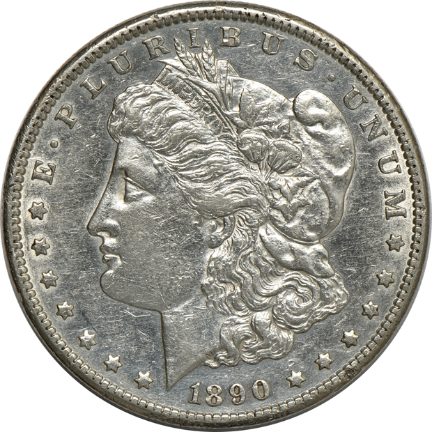 Four Morgan silver dollars, a Peace silver dollar, and a Walking Liberty half-dollar