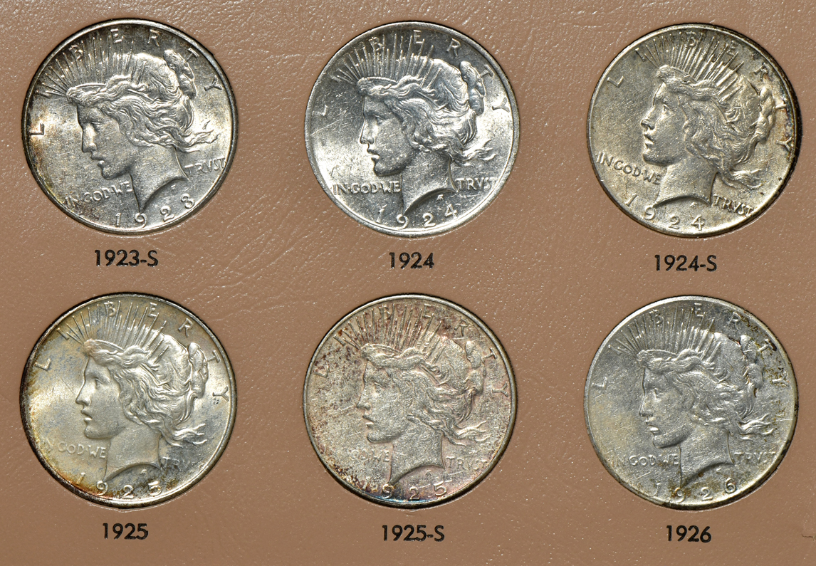 Complete collection of Peace silver dollars in a Dansco 7175 album