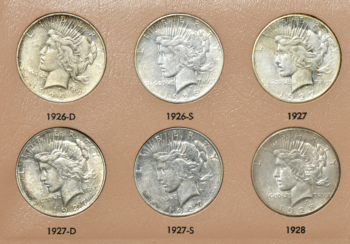 Complete collection of Peace silver dollars in a Dansco 7175 album
